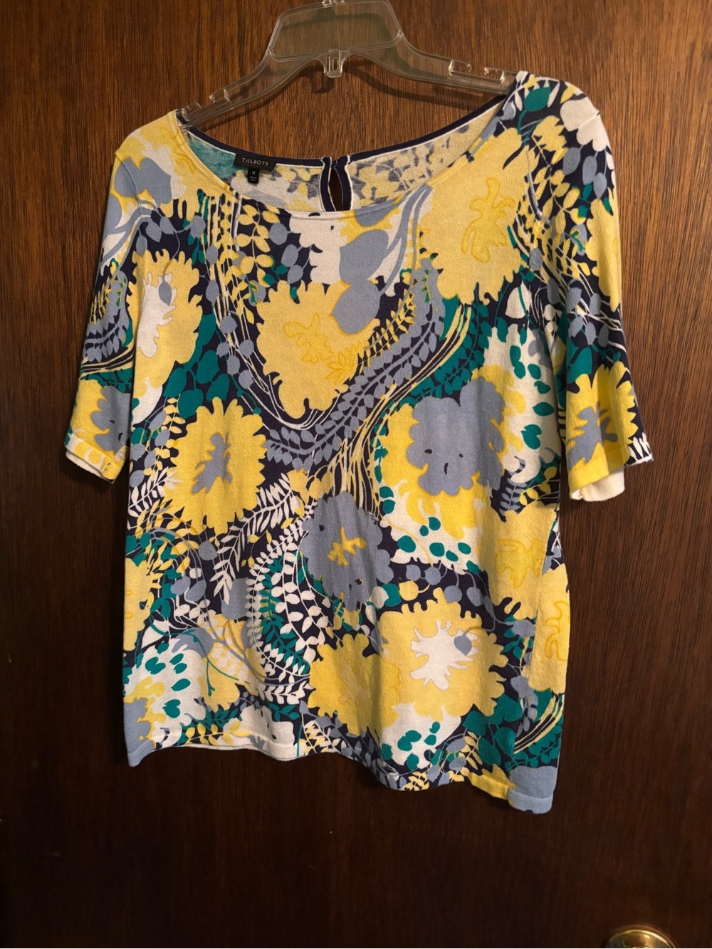 Talbots Yellow Teal Blue Floral Scoop Neck Short Sleeve Top